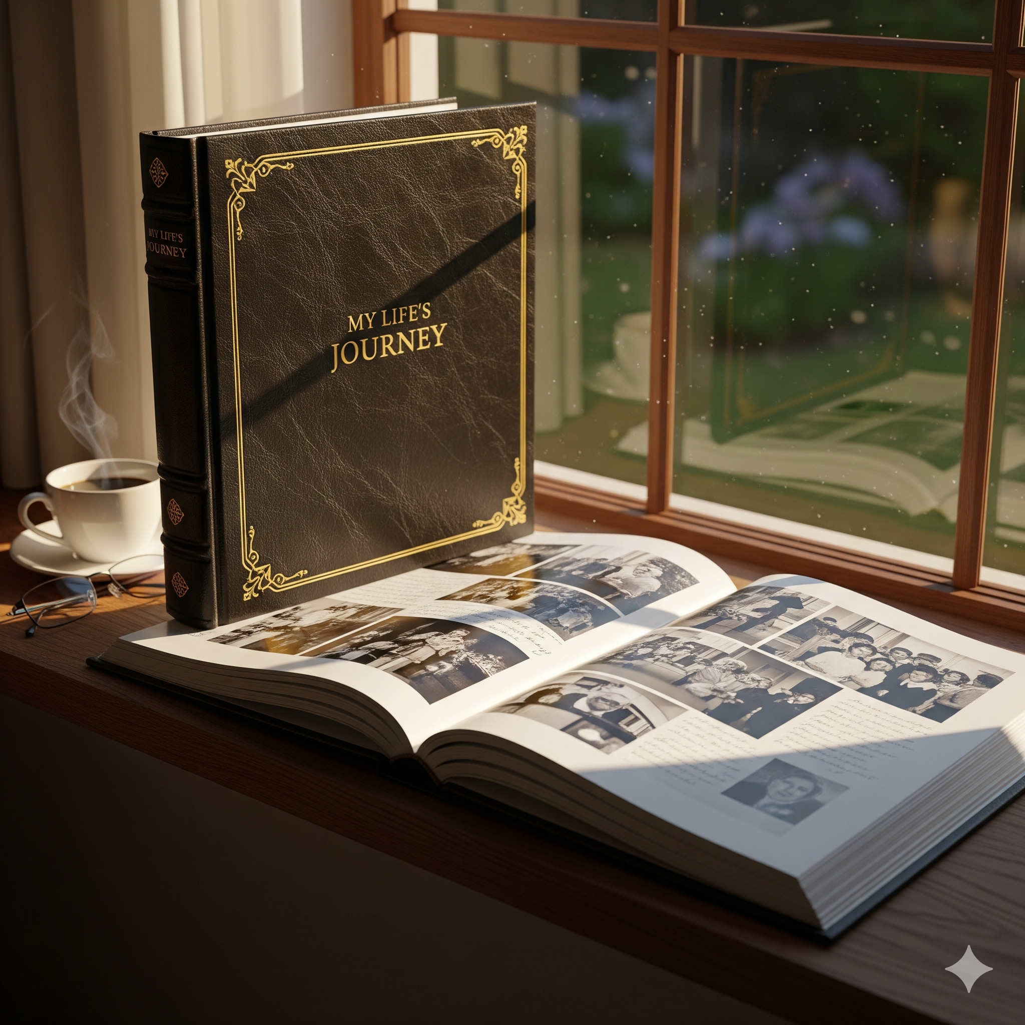 따뜻한 빛이 비치는 창가의 고급 양장 자서전 포토북